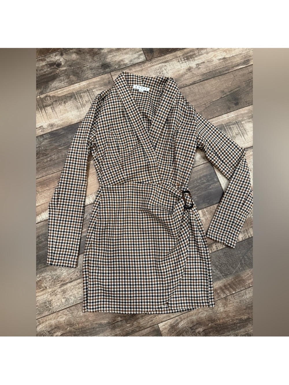 HYFVE Brown Black Cream Houndstooth Wrap Dress